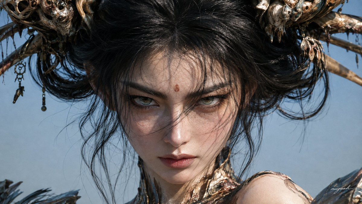 真人电影实拍奇幻角色近景，真实成年东亚女性演员、实体头饰、实物旧化道具与局部特效化妆，自然动态范围，克制冷色电影调...