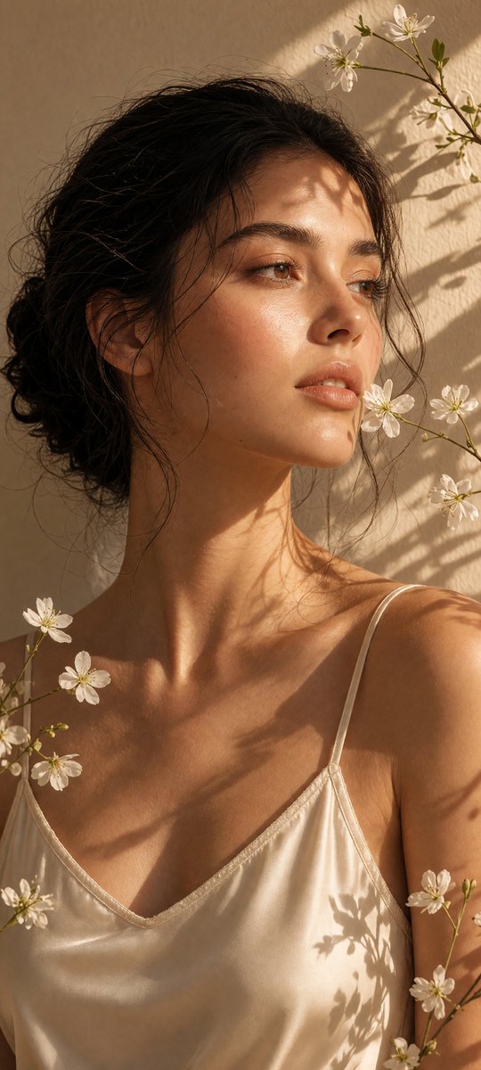 Create a vertical 4:5 ultra-realistic dreamy beauty-edito...
