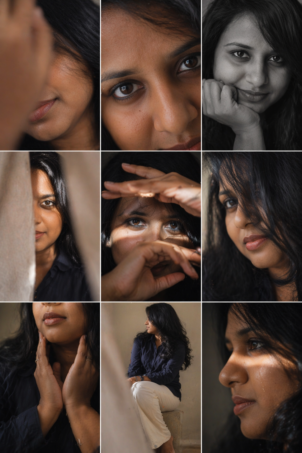 Editorial 3x3 photo grid in a clean soft beige studio. Ch...