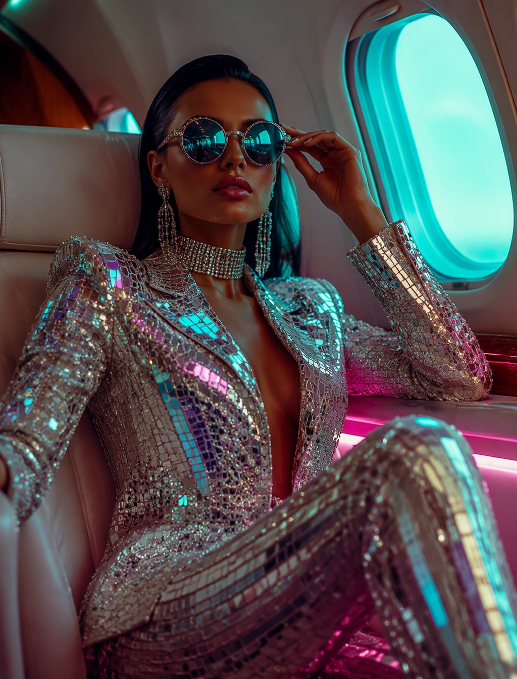 A glamorous woman lounges in a cream leather passenger ca...
