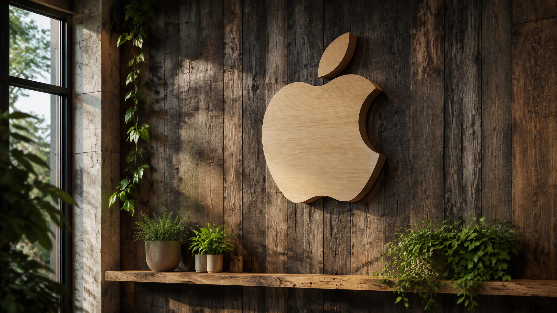 A large 3D light-wood Apple logo mounted on a vertical ru...