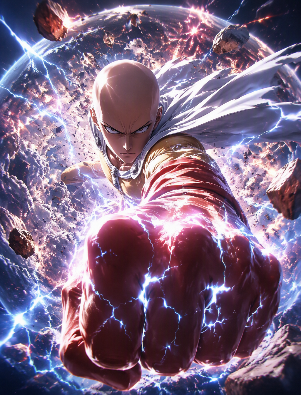 An epic, cinematic, high-quality anime poster of Saitama ...