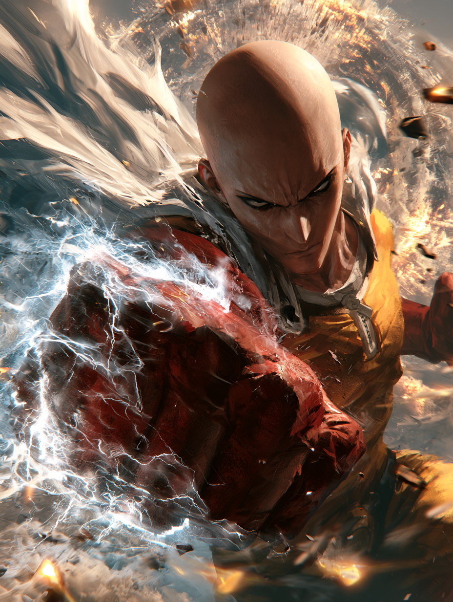 An epic, cinematic, high-quality anime poster of Saitama ...