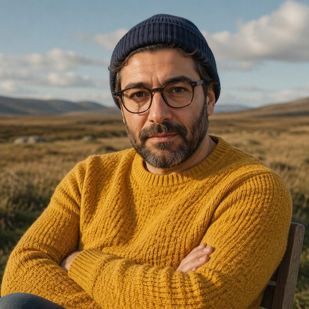 Medium shot of a man with glasses and beard wearing a blu...