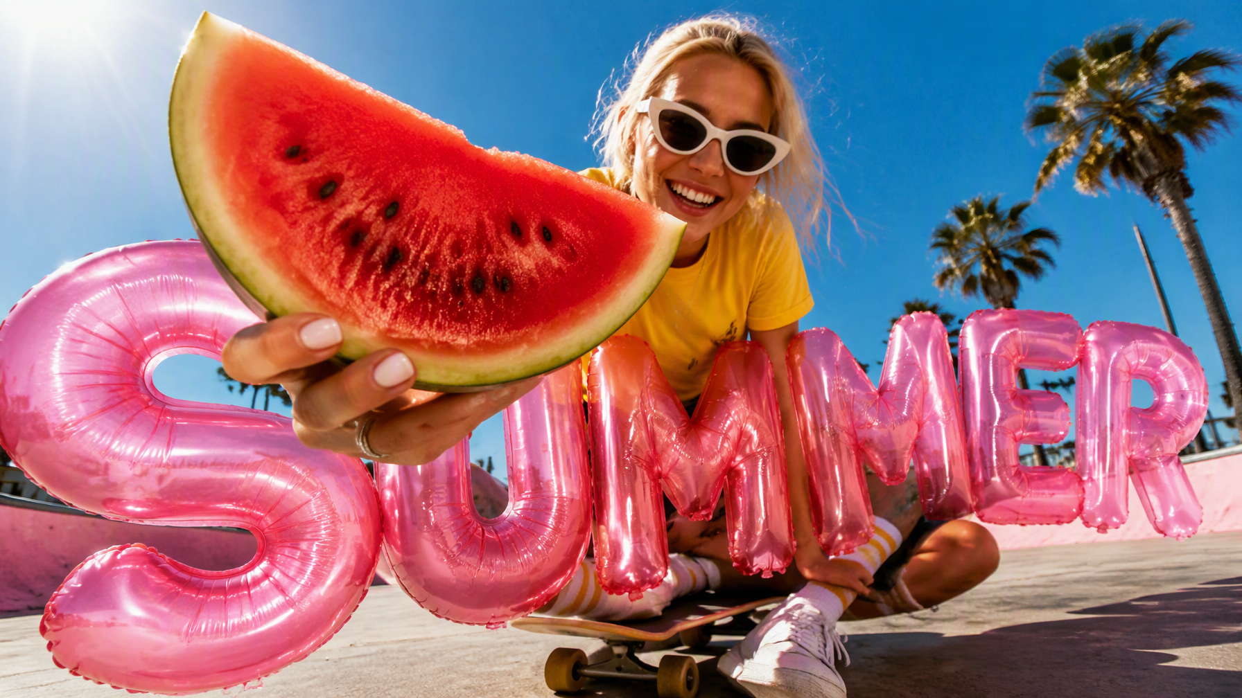 A cheerful blonde woman in white cat-eye sunglasses and a...