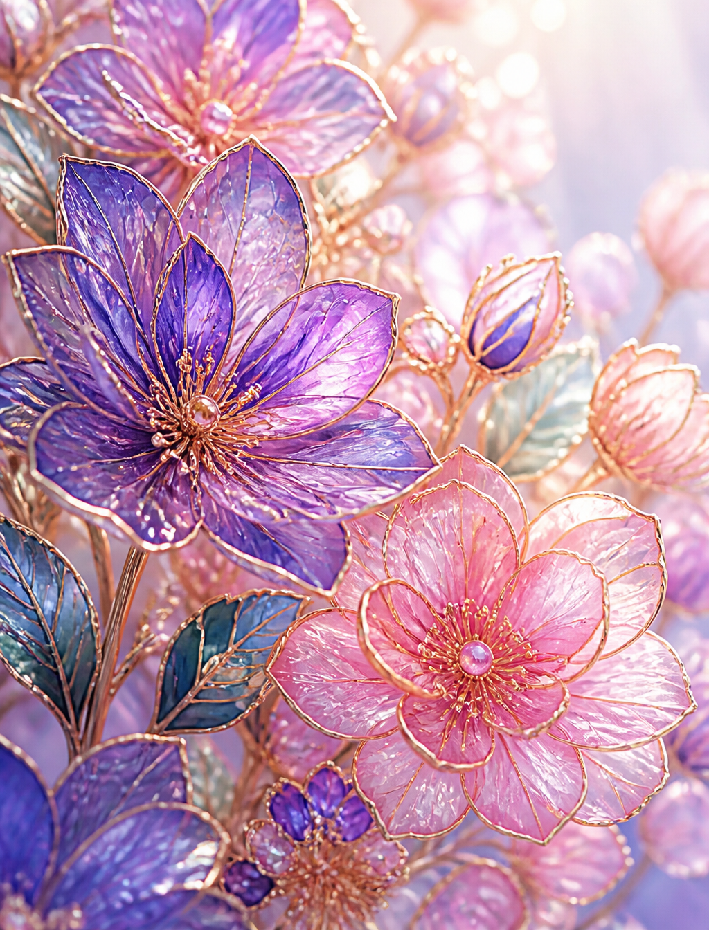 An intricate arrangement of translucent cloisonné-style f...