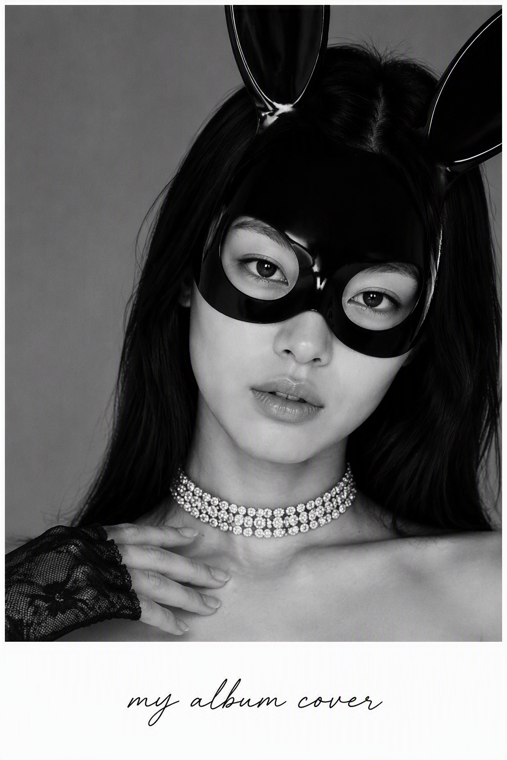 Black-and-white album-cover-style extreme close-up portra...
