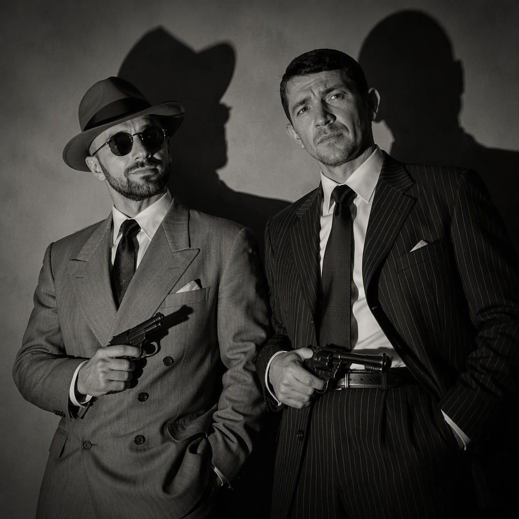 Two sharply dressed men stand tensely in a stark mid-cent...