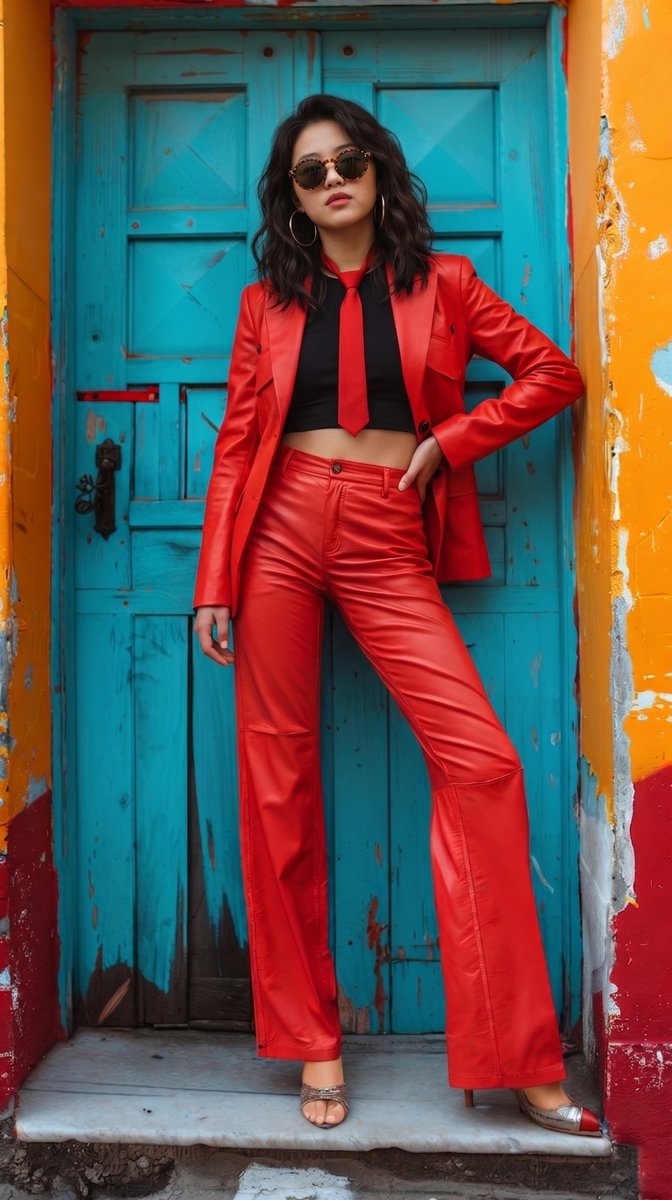 A full-body fashion photograph of a woman with voluminous...