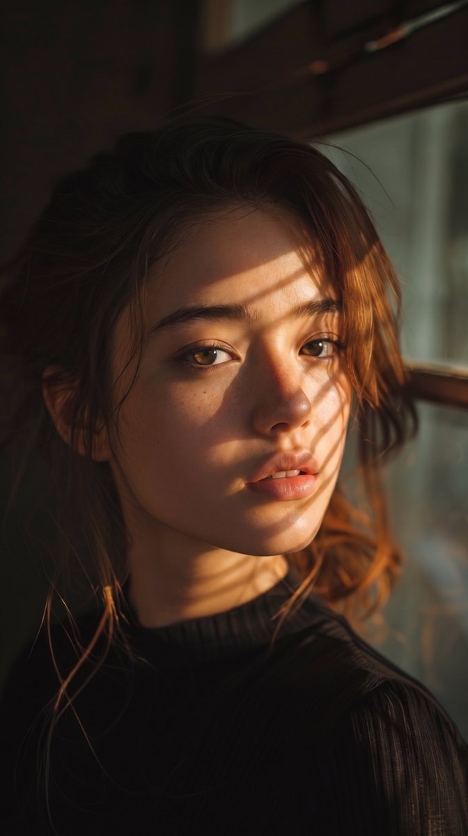A close-up cinematic portrait of a young woman with natur...