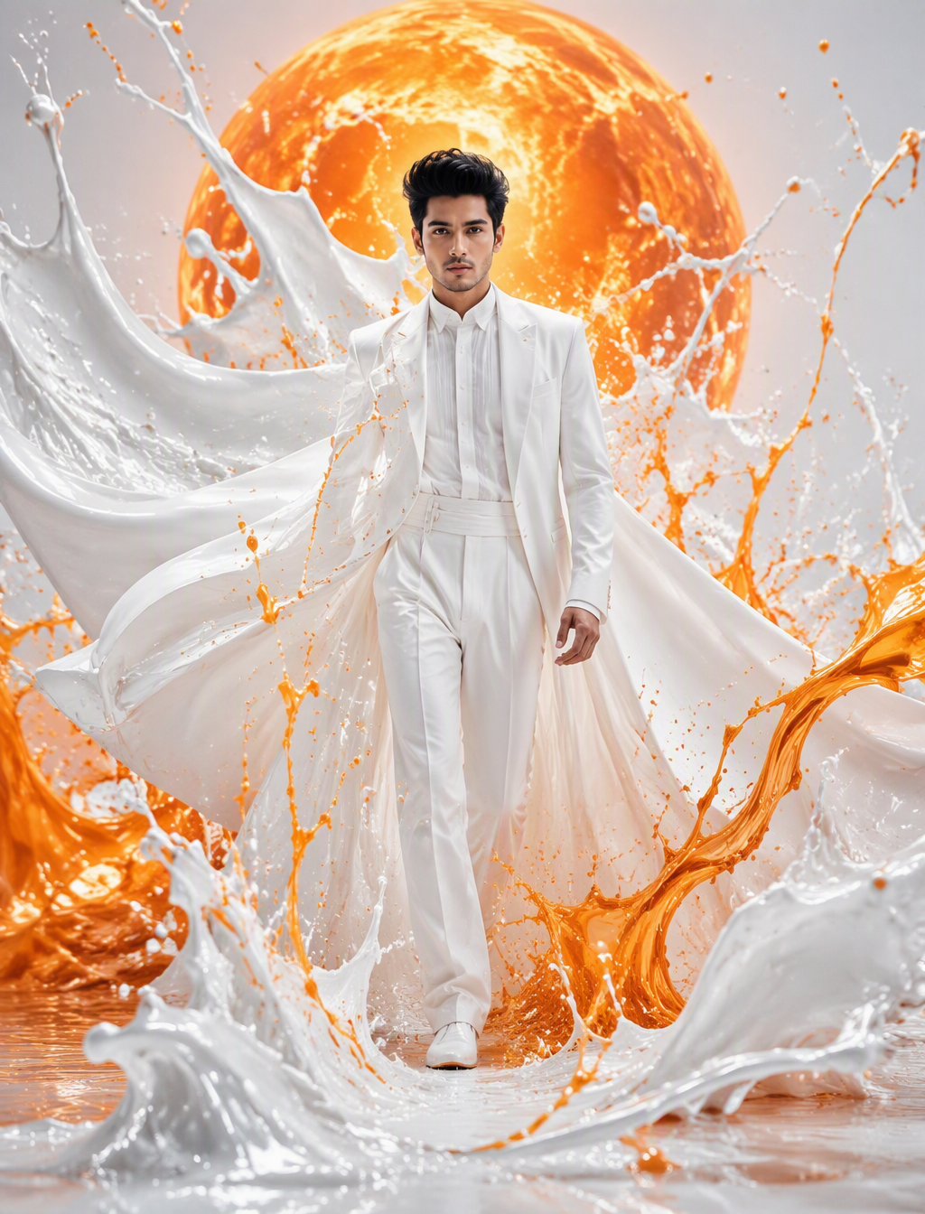 Create an ultra-luxury surreal fashion editorial featurin...