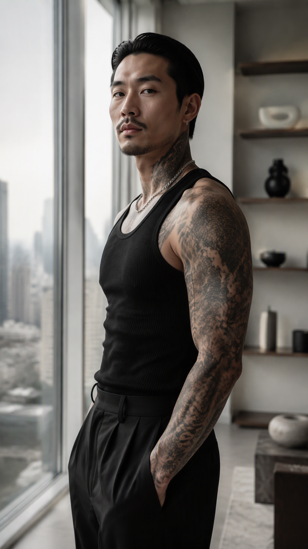 A tattooed Asian man stands in three-quarter profile insi...
