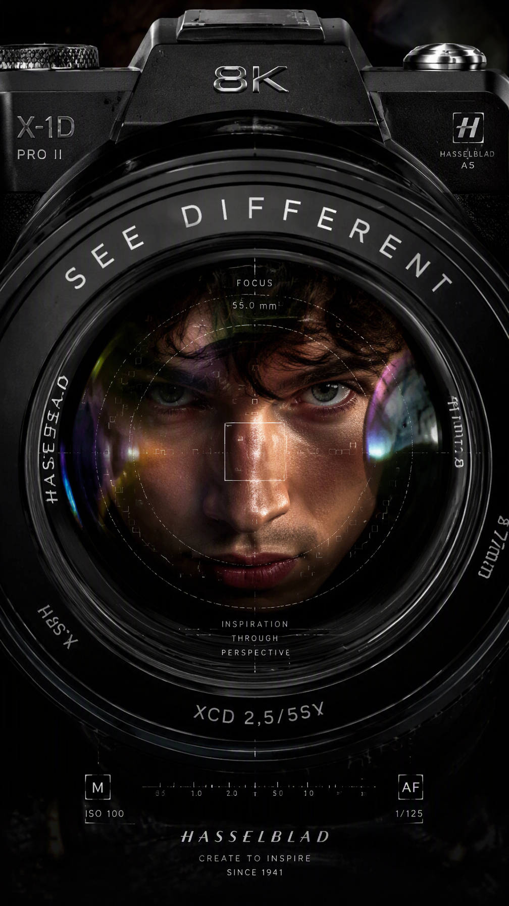 A premium 9:16 camera advertising poster.Main Subject:A y...