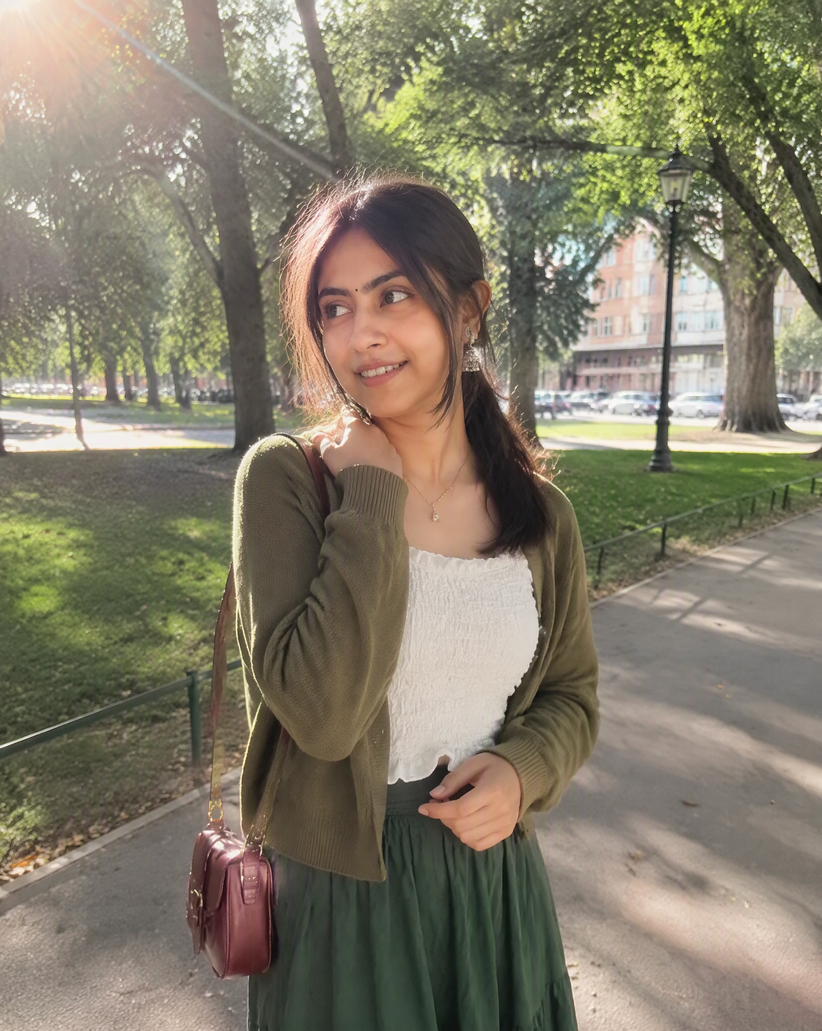 A photorealistic candid outdoor portrait of a young woman...