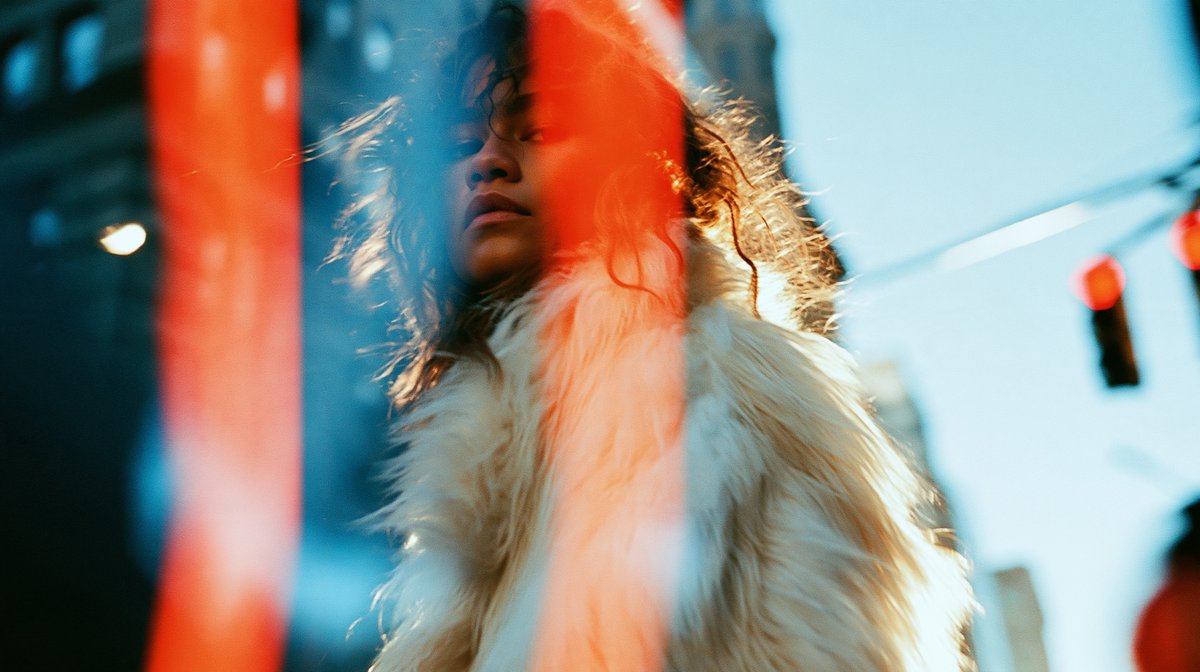 Zendaya wearing big oversized white fur coat in New York,...