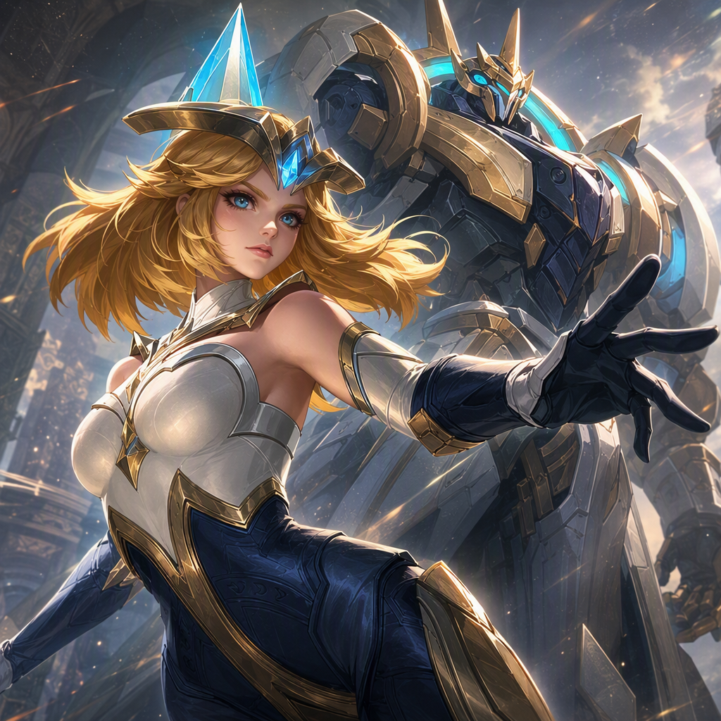 A stylized fantasy warrior woman twists through a dynamic...