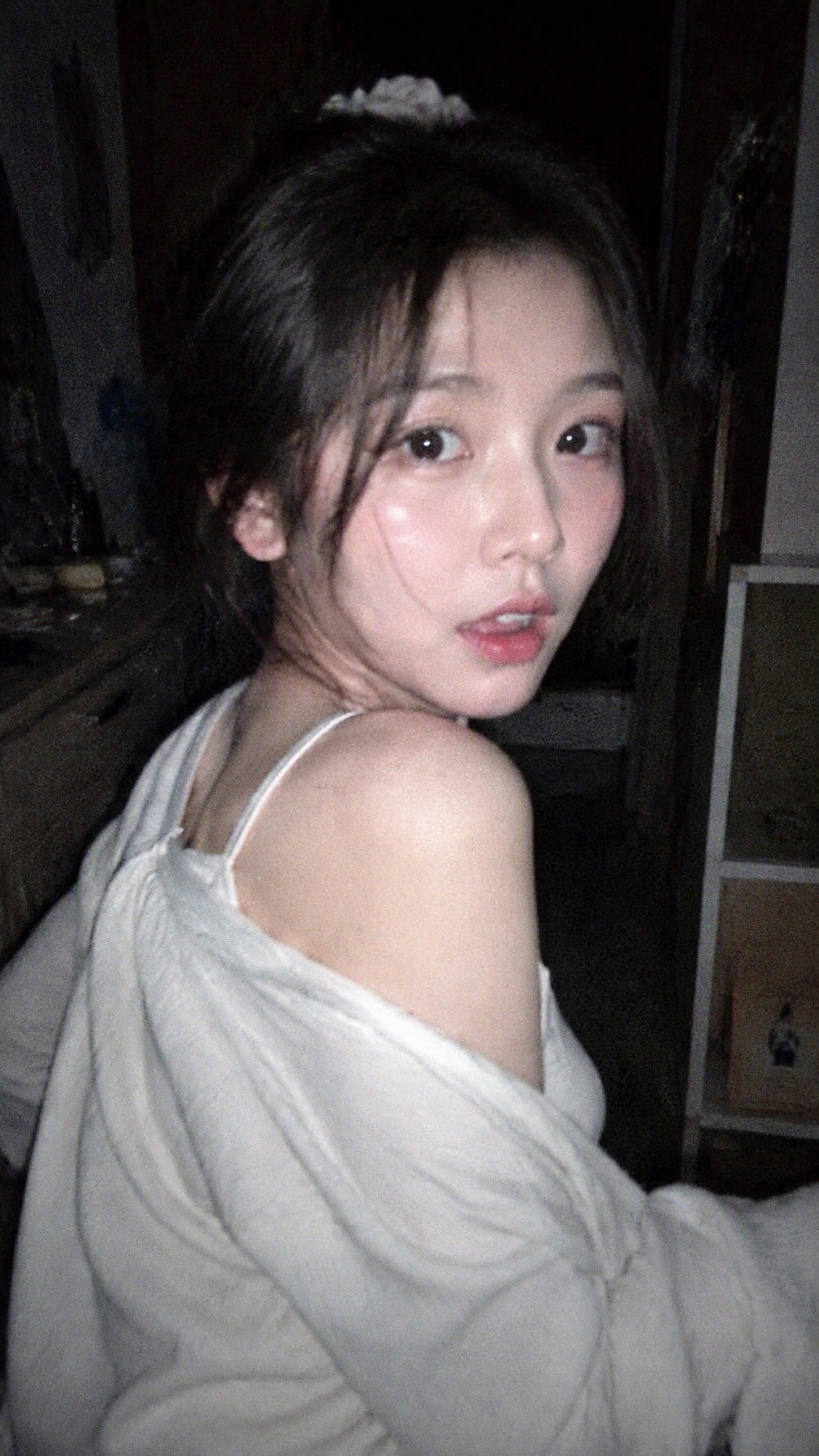 [中文] { "prompt": { "style_and_tech": "手机照片，老式CCD相机美学，刺眼的闪...