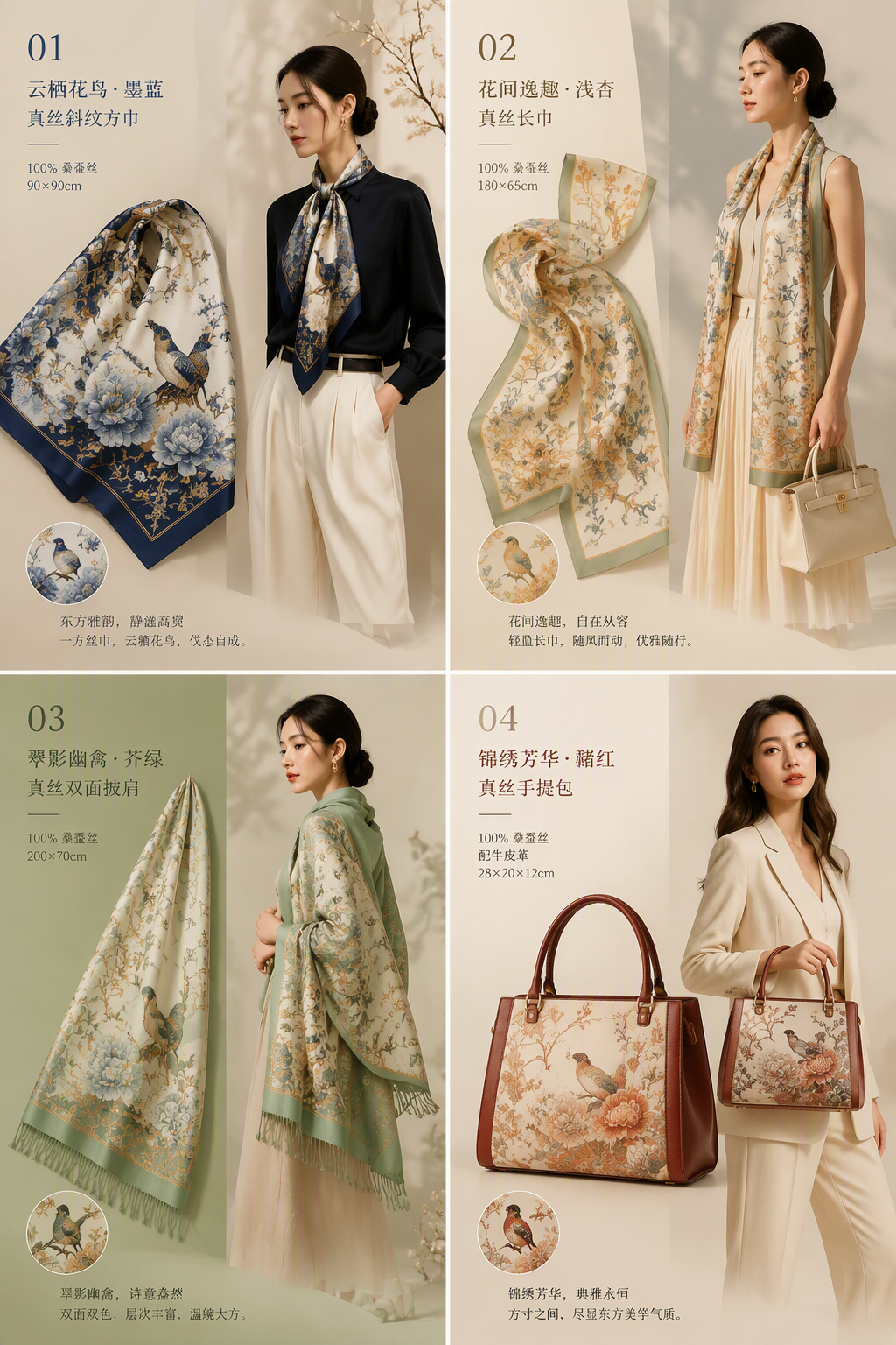[中文] 使用附图中的图案，由专业设计师打造 4 款时尚单品，采用不同的色彩搭配与排版设计，附带穿搭效果图。以雅致...