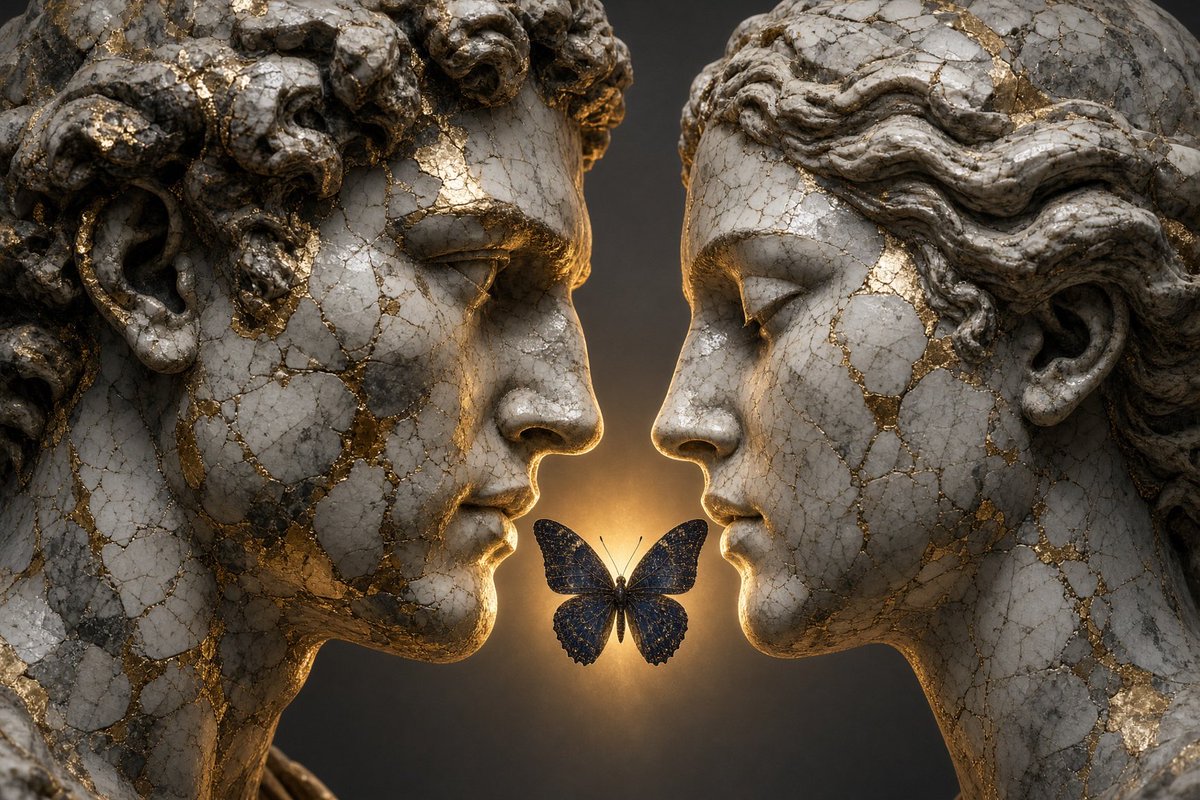 Close-up of two cracked classical sculpture heads facing ...