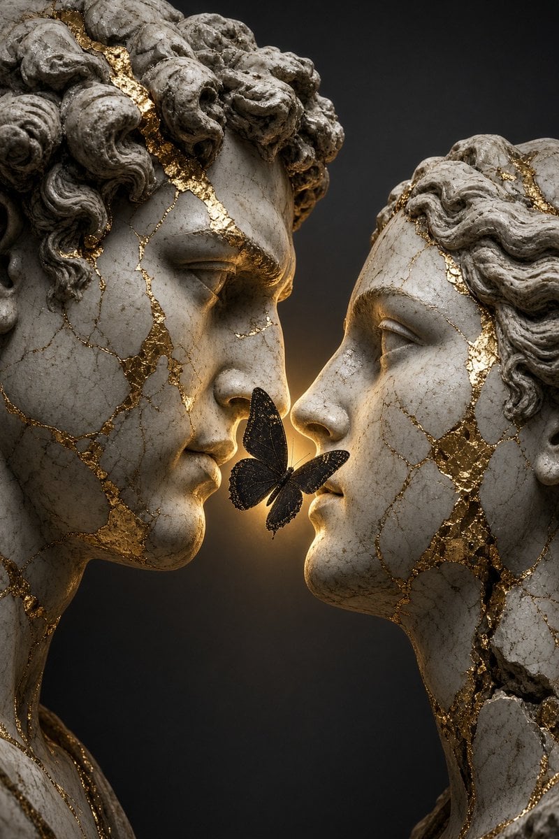 Close-up of two cracked classical sculpture heads facing ... - alternate