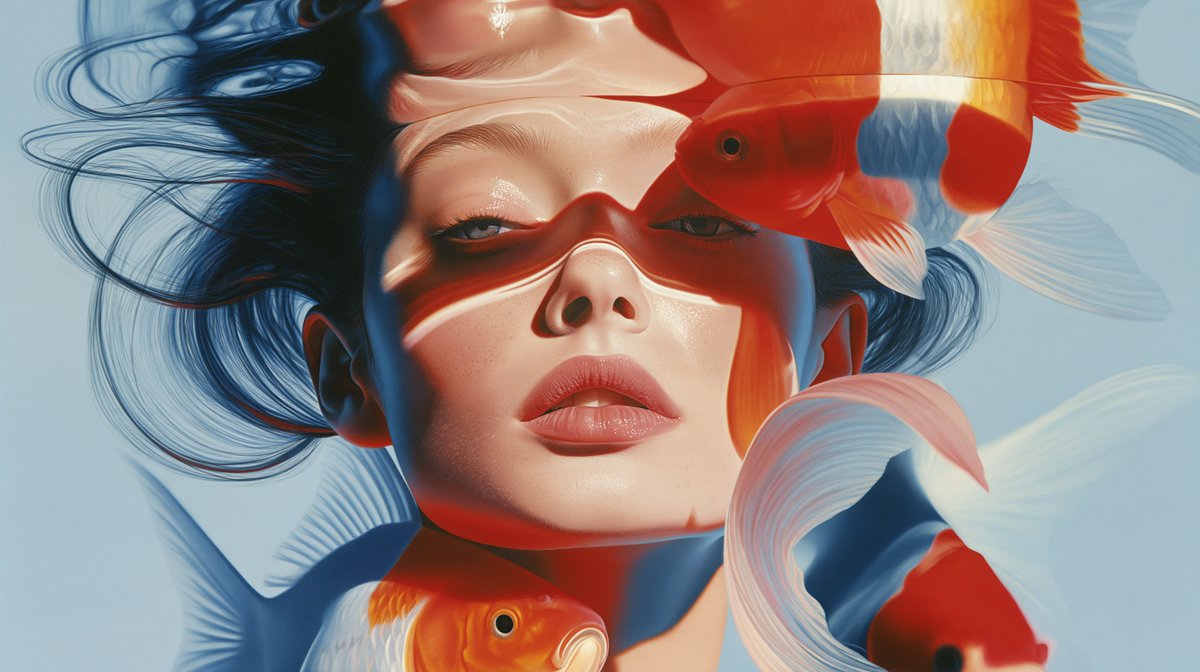 Woman swimming underwater with beautiful koi, bright vivi...