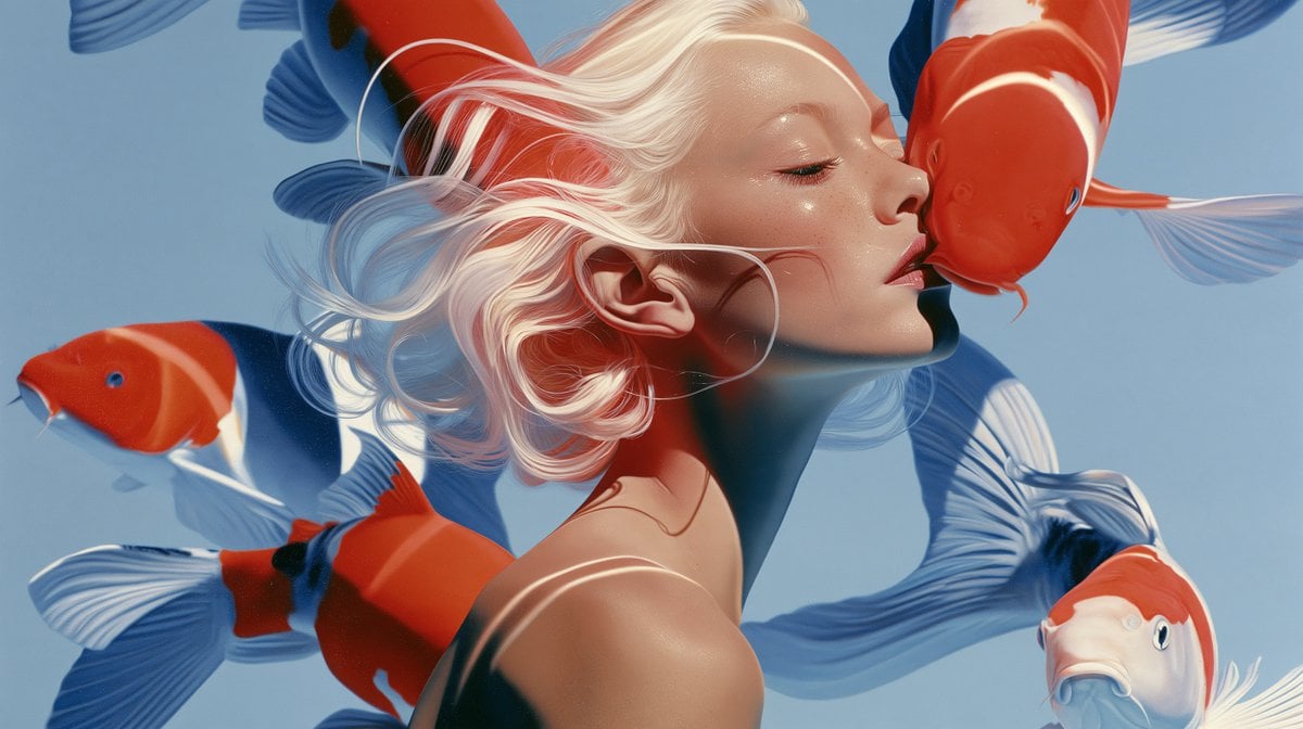 Woman swimming underwater with beautiful koi, bright vivi... - alternate