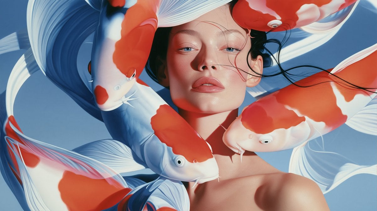 Woman swimming underwater with beautiful koi, bright vivi... - alternate