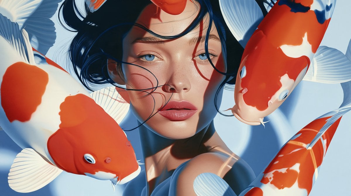 Woman swimming underwater with beautiful koi, bright vivi... - alternate