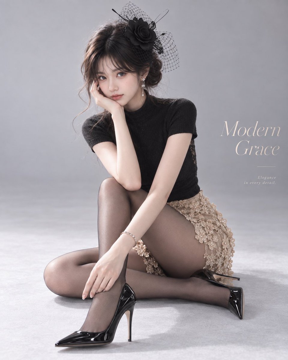 年轻甜美、略带混血感的女生,低盘发,黑色复古网纱小礼帽与黑色玫瑰花头饰,银色耳坠,黑色修身高领短袖上衣,米杏香槟金... - alternate