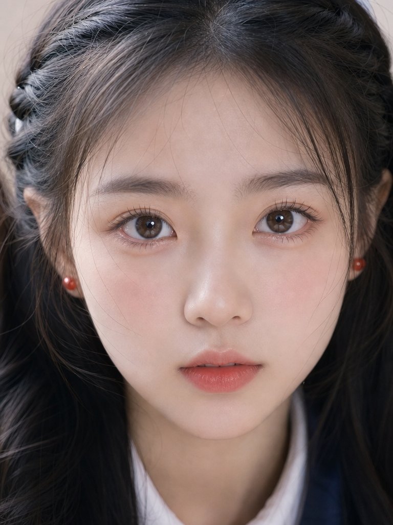 东方年轻少女正面肖像,超近景贴脸特写,镜头距离非常近,画面几乎被脸部填满,人物正面面对镜头,头部端正,视线直视镜头...