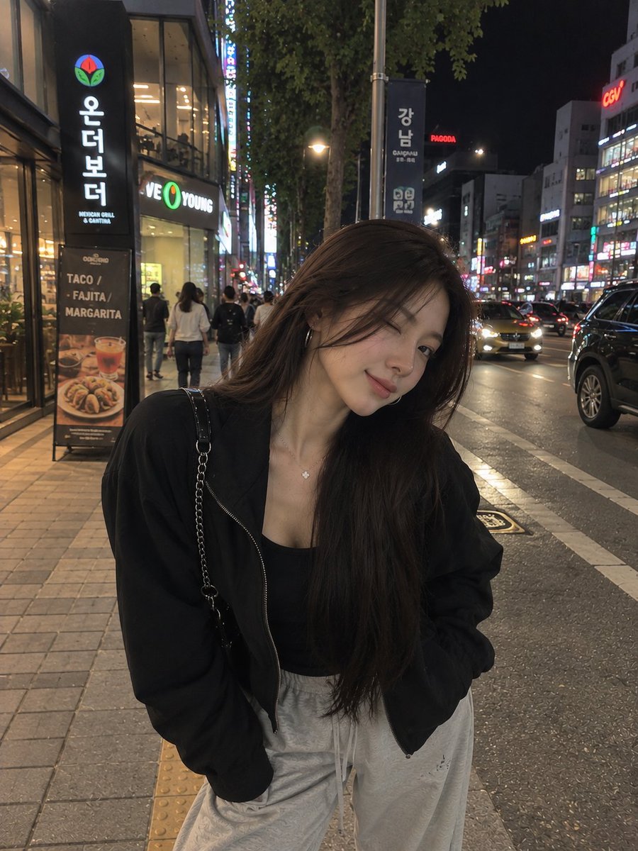 A photorealistic nighttime street-style portrait of a you...
