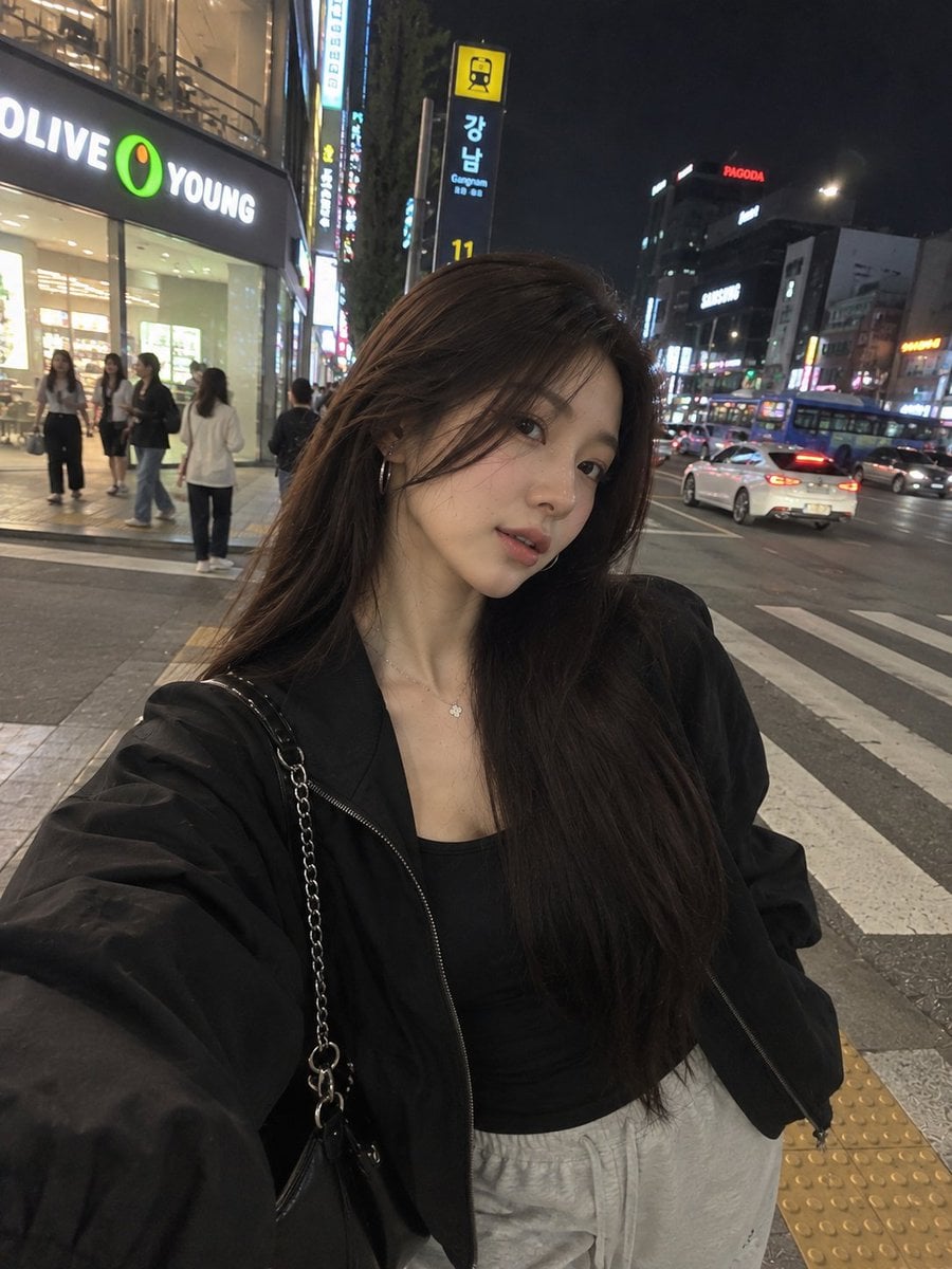 A photorealistic nighttime street-style portrait of a you... - alternate