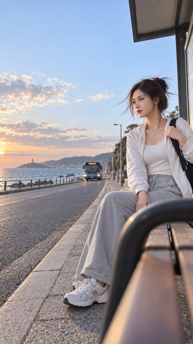 一位成年中国女模特,头发松松扎起,穿轻运动休闲风私服,在临海街道的公交站旁刚刚坐下,背包还挂在一侧肩头,她正伸手将...