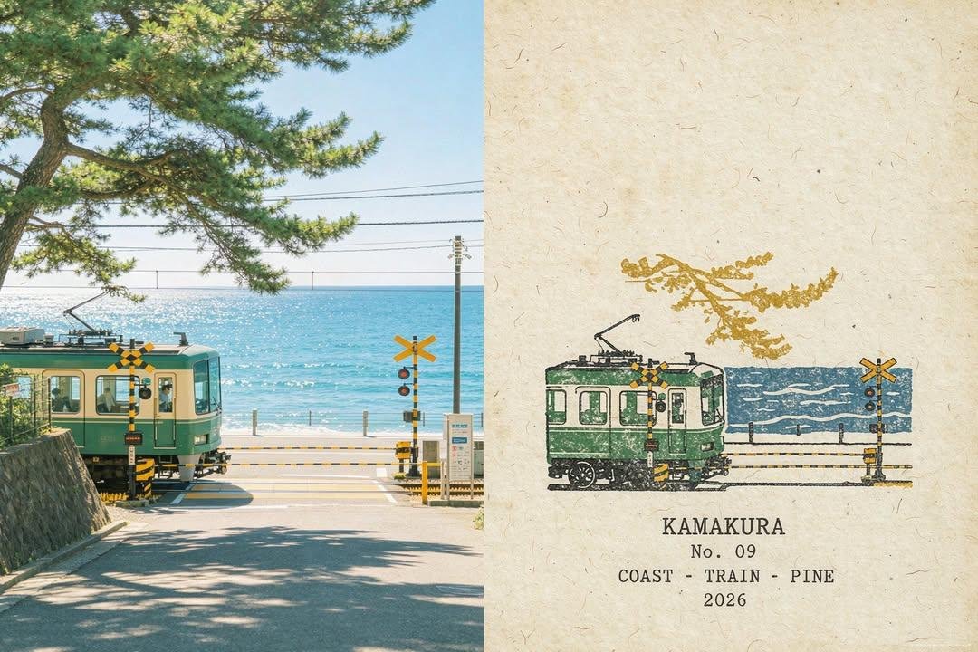 Create a premium vintage travel postcard/editorial poster...