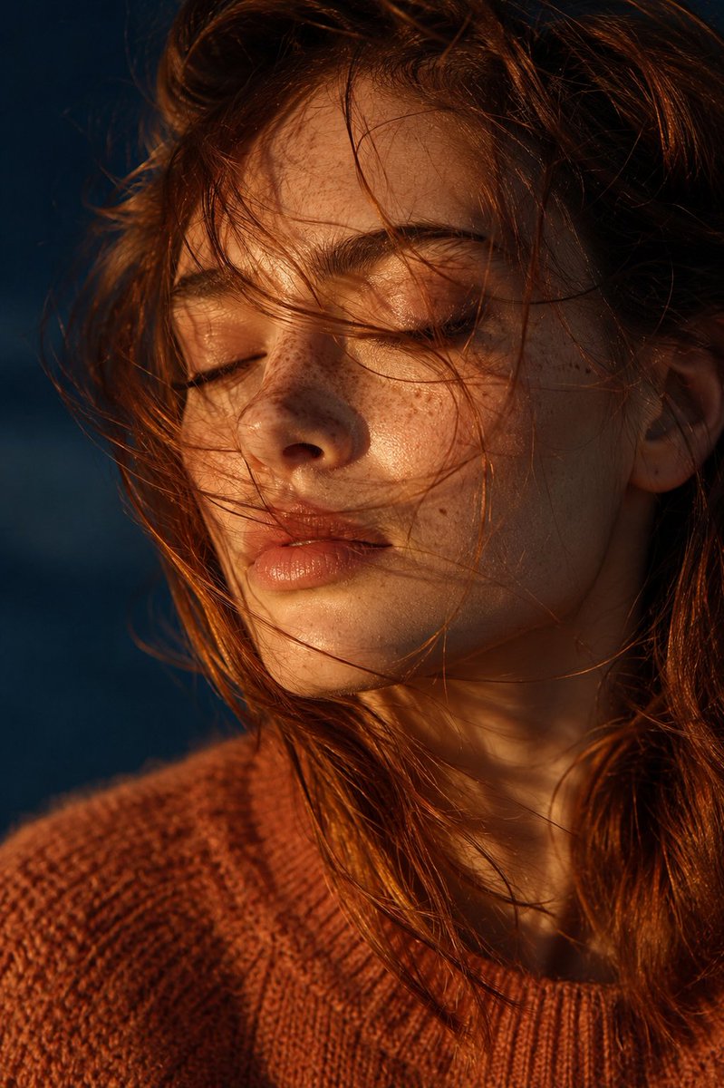 Close-up editorial portrait of a young woman with fair, f...