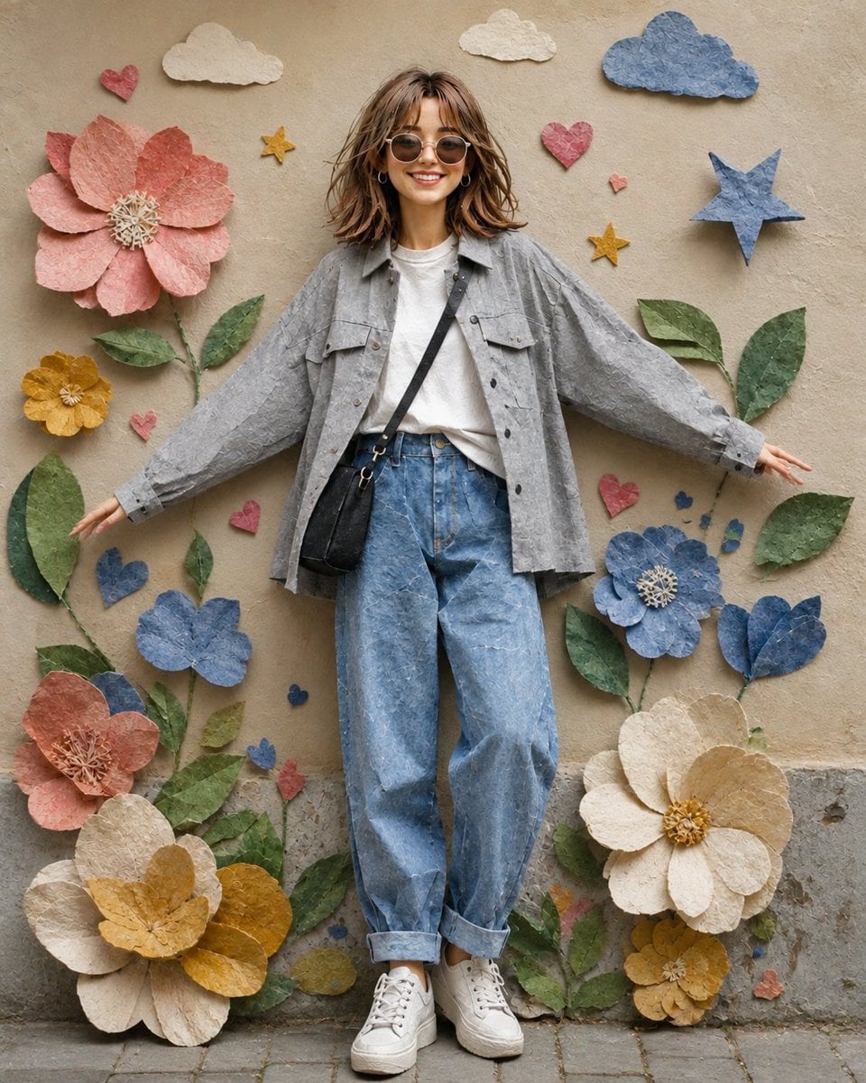 A whimsical handcrafted paper-collage portrait of a cheer...
