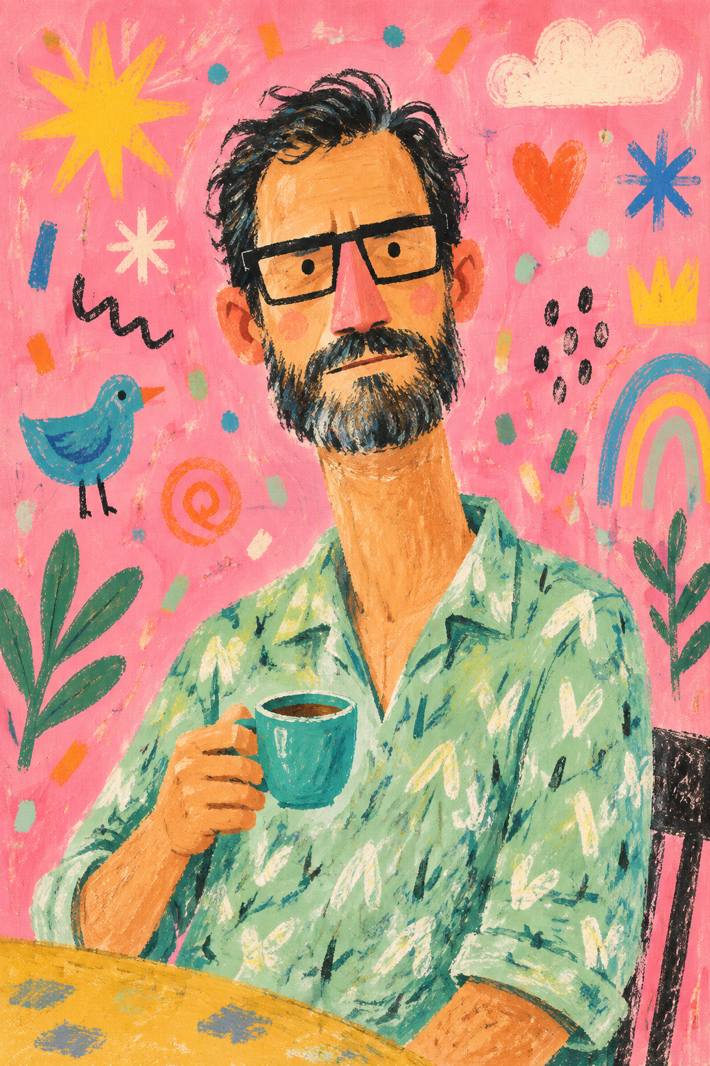 Whimsical hand-painted editorial illustration of a bearde...