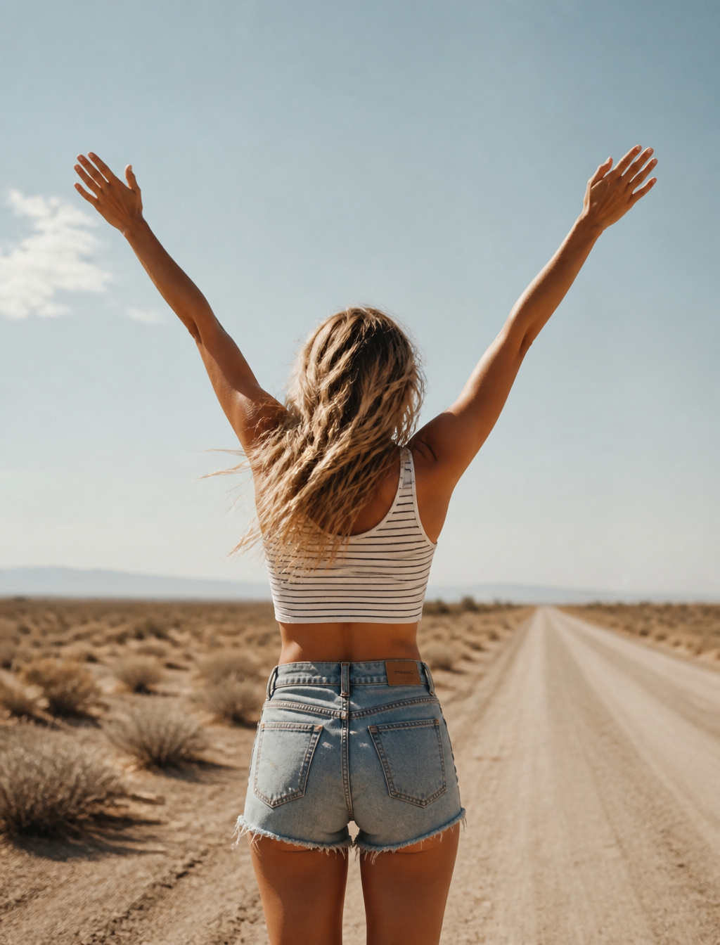 A young woman stands on a deserted desert road with her b...