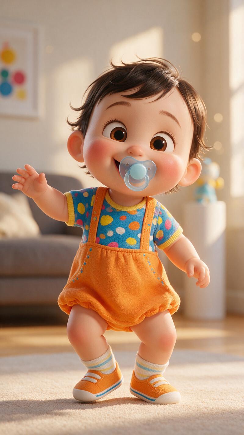 A super cute 3D animated baby with chubby cheeks, big spa...