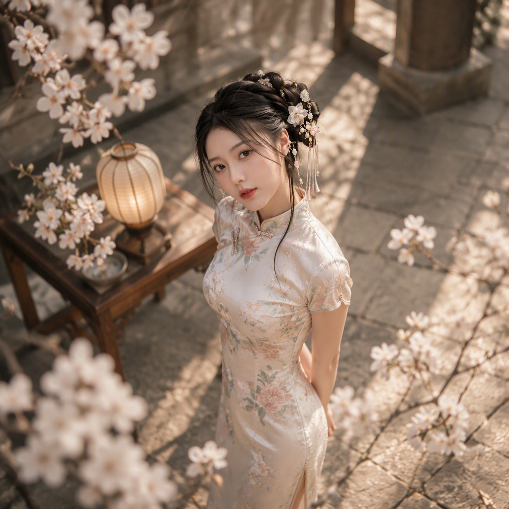 A young woman in an ornate, floral-patterned silk cheongs...