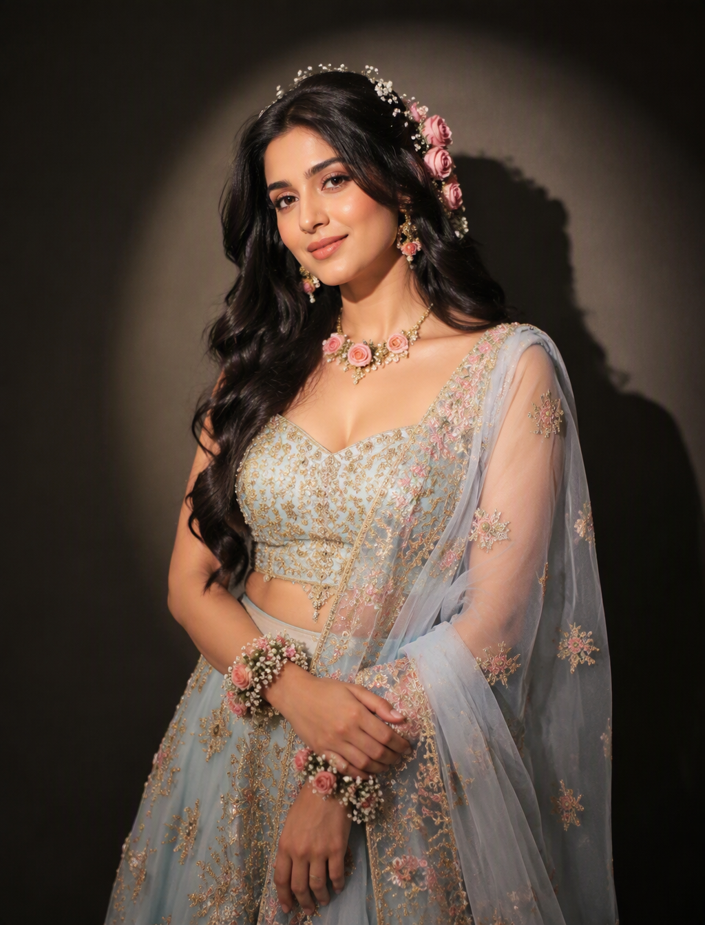 Elegant portrait of a woman in soft spotlight against a d...