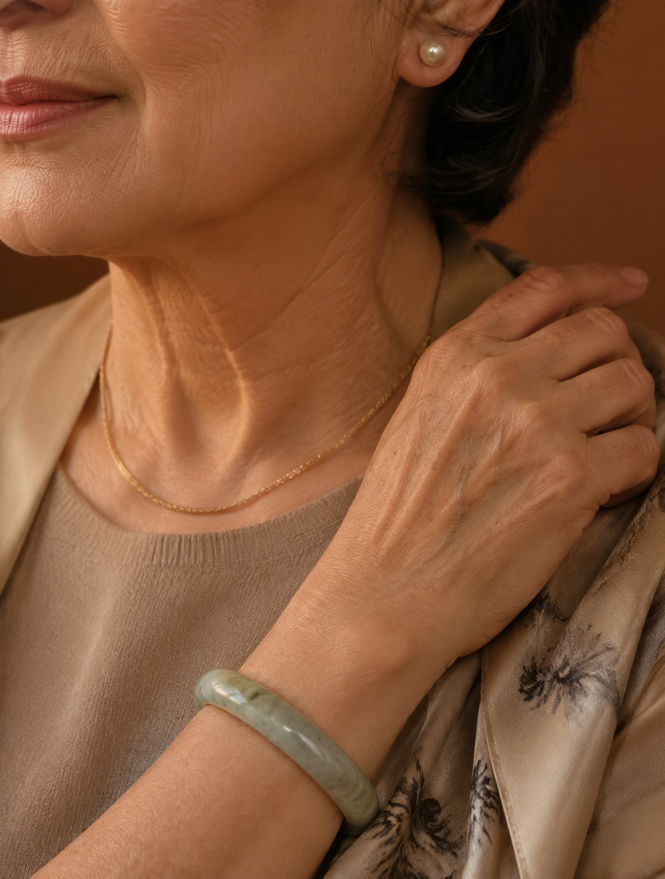 Mature woman 60s, close-up detail shots of refined access...