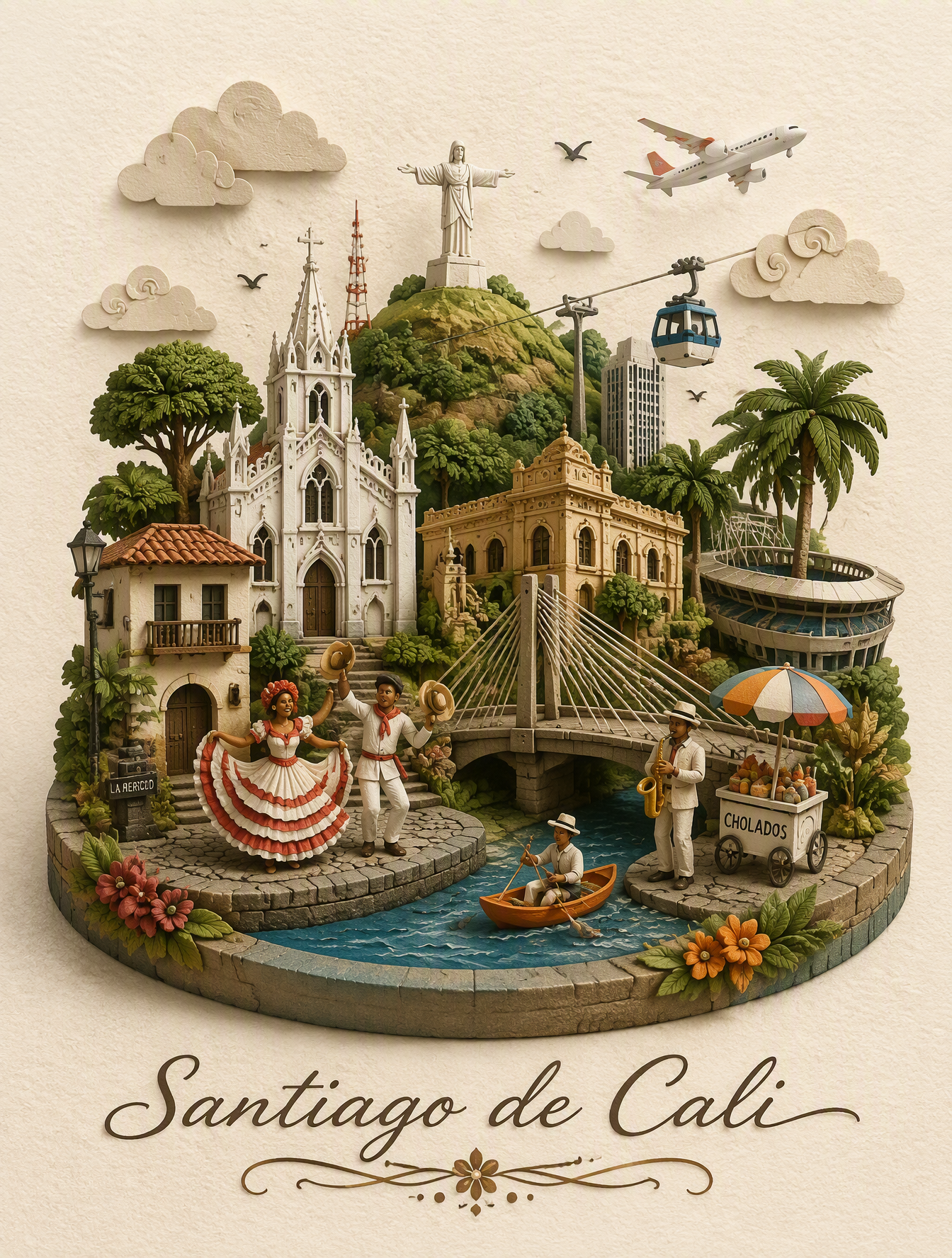 Create a charming miniature 3D papercraft and clay-dioram...