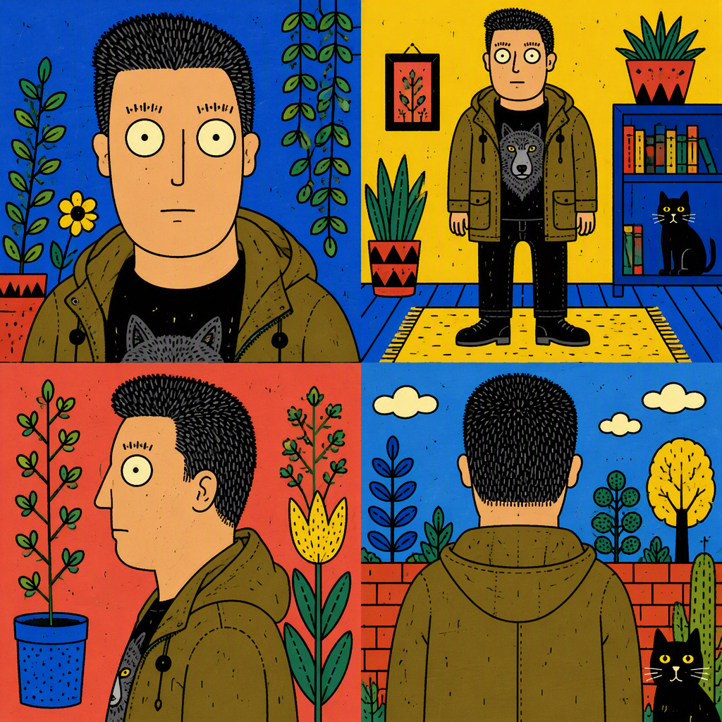 Flat offbeat adult-cartoon drawing with slightly asymmetr...