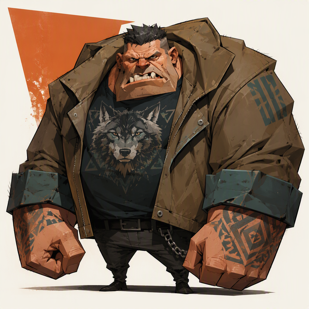 Massive top-heavy caricature built from a broad trapezoid...