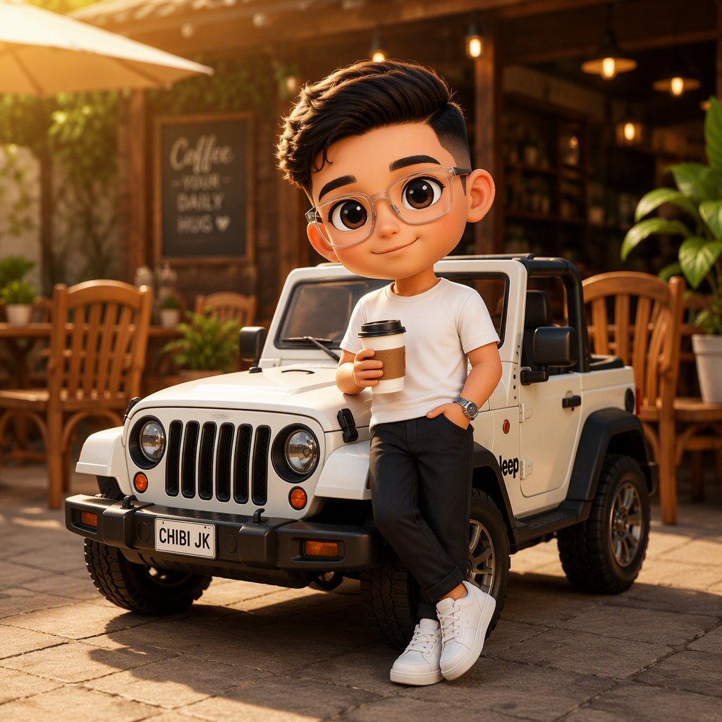 A cute 3D chibi-style character leaning against a parked ...
