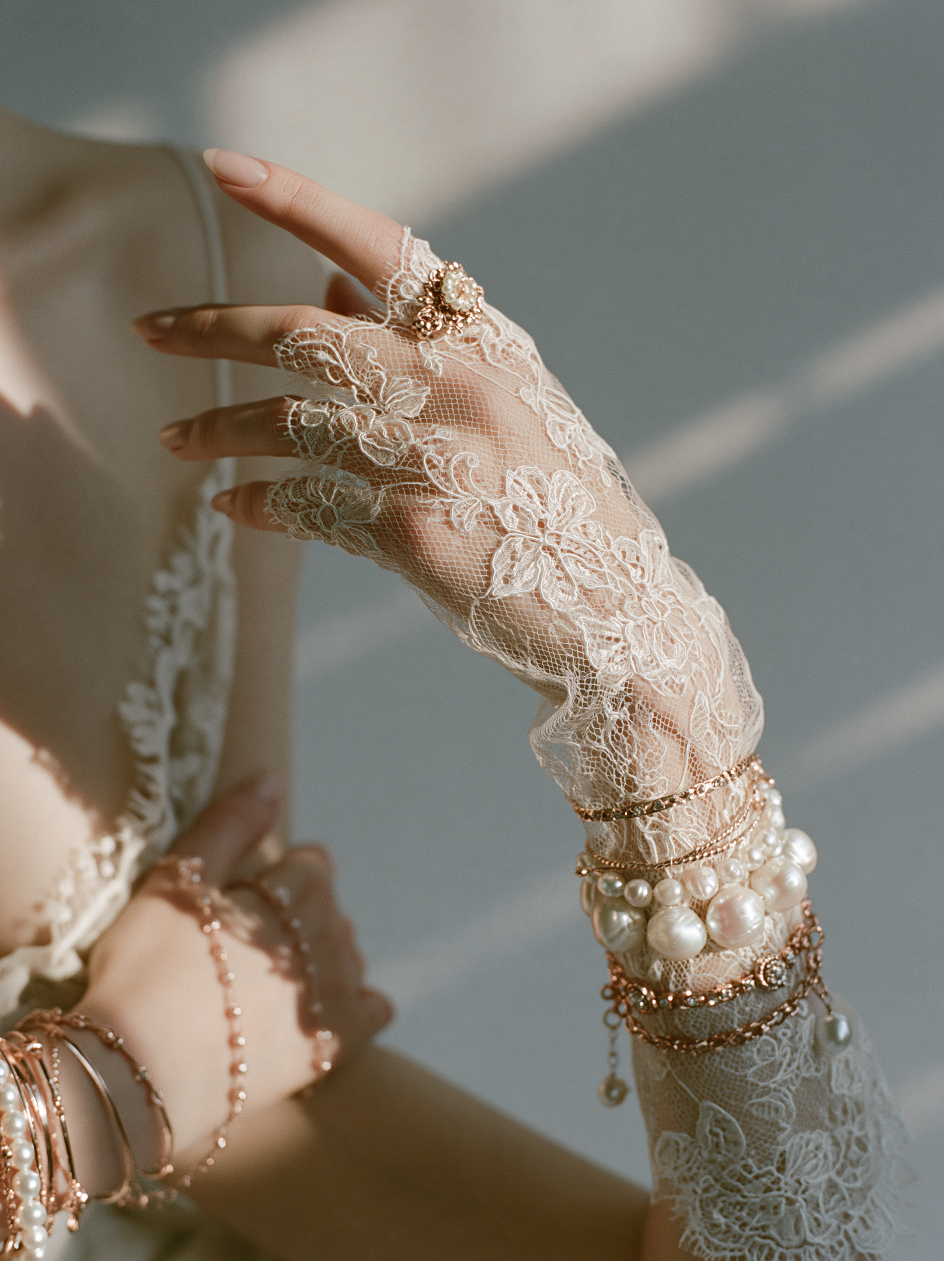 Editorial studio image of a hand wearing an intricate ivo...
