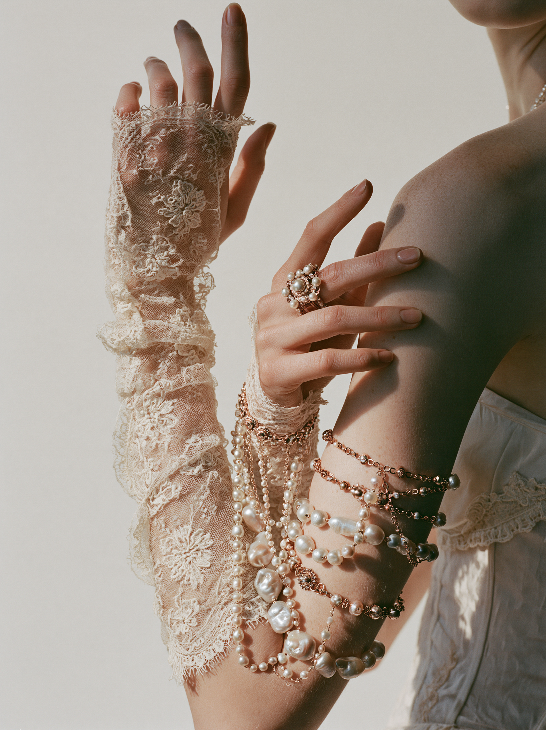Editorial studio image of a hand wearing an intricate ivo... - alternate