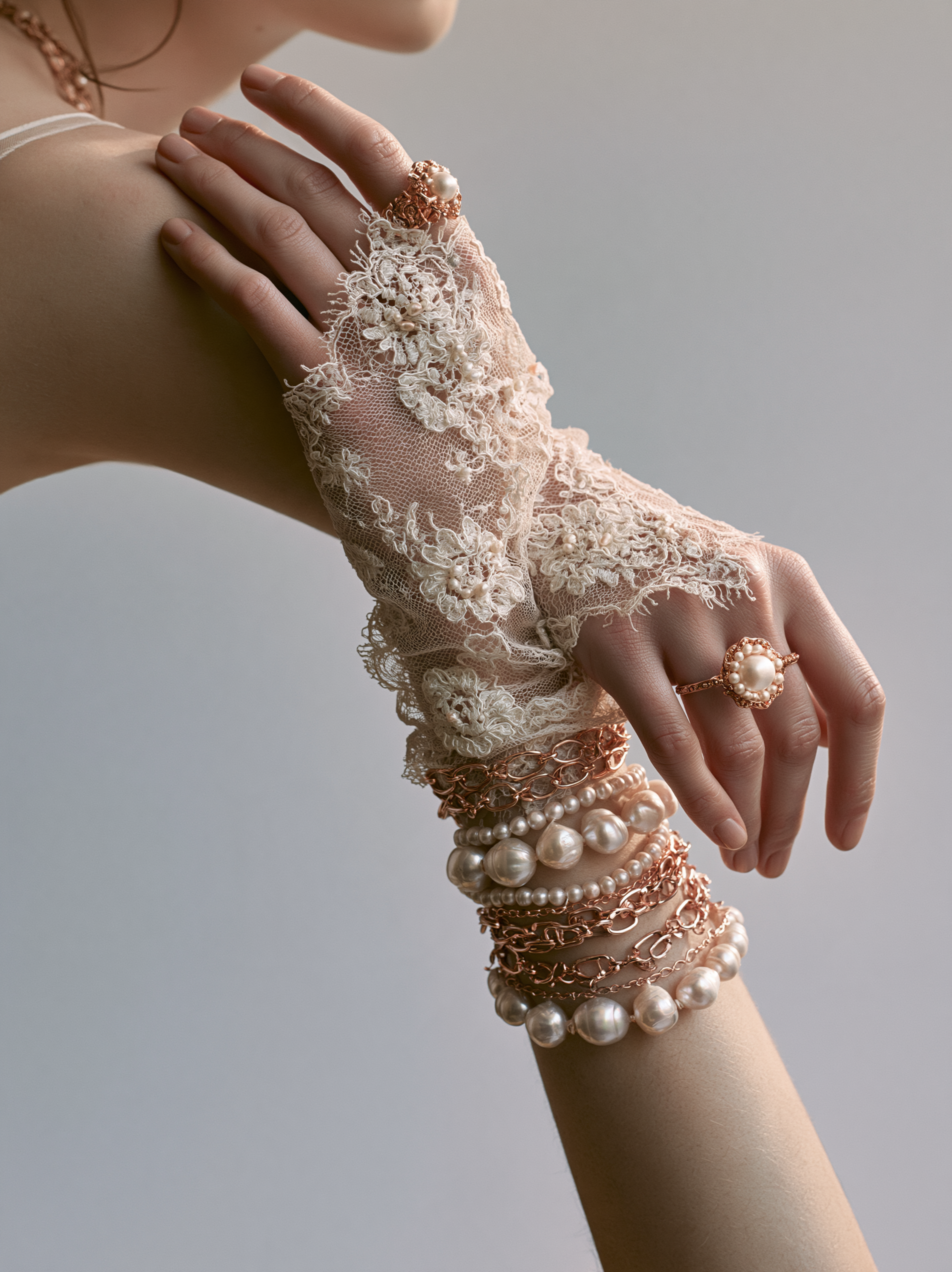 Editorial studio image of a hand wearing an intricate ivo... - alternate