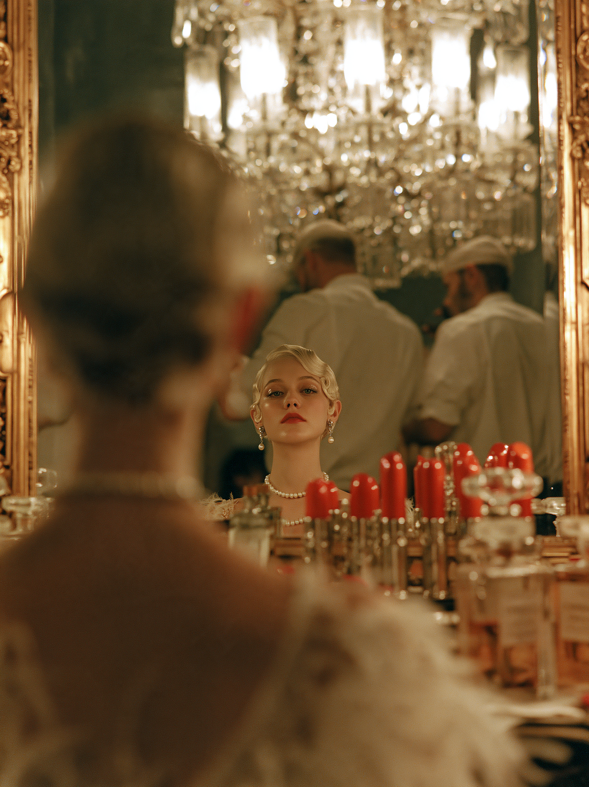 Cinematic backstage scene at a 1930s glamour theatre, ult...